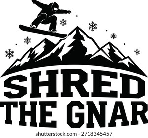 El snowboarder tritura el concepto de esquí extremo de la tipografía de los deportes de invierno de la Ilustración vectorial del gnar aislado negro en diseño transparente para los buscadores de la aventura y el Clima frío