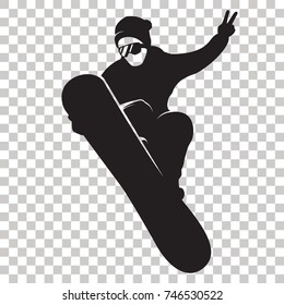 Snowboarder Silhouette isolated on transparent background. Stylized black logo. Rider with snowboard. Winter sport icon. Vector illustration. Eps 10