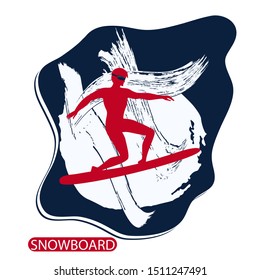 Snowboarder silhouette - snow grunge background - illustration, vector. Winter sports. Rest at nature.