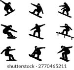 Snowboarder silhouettes performing jumps and tricks, extreme winter sports mountain athletes, professional boarding action icons on white background, isolated illustration