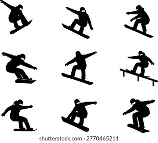 Snowboarder silhouettes performing jumps and tricks, extreme winter sports mountain athletes, professional boarding action icons on white background, isolated illustration