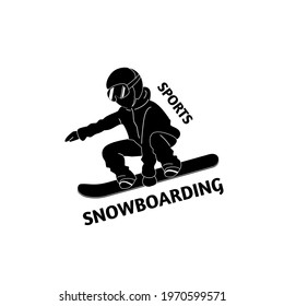 Snowboarder in simple black and white style isolated on white background with text. Vector stock illustration. 