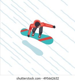 Snowboarder skating from mountain. Flat style cartoon vector. Top view.