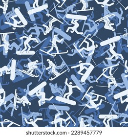 Snowboarder and Skier blue military pattern seamless. snowboarding army background. Skiing soldier texture. protective Vector ornament