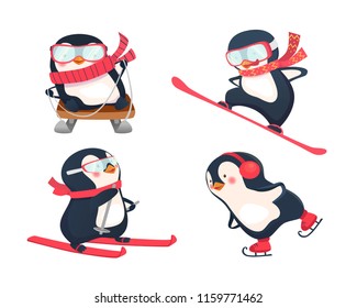 Snowboarder, skier, ice skater and luger vector illustration. Active penguins in winter