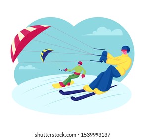 Snowboarder and Skier with Kite Riding by Snowdrifts. Extreme Winter Sport Outdoors Activity, Ski Resort Recreation, Skis and Snowboard Kiting Hobby. Cartoon Flat Vector Illustration