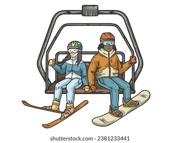 Snowboarder and skier on ski elevator. Snowboarding and skiing in winter mountains. Sporty snowboarding on a steep ski slope. Winter sport for ski resort.