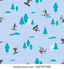 Snowboarder and Skier pattern seamless. snowboarding background. Skiing texture. Vector ornament