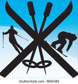 snowboarder and skier in skis on slope under blue sky - jpeg also available