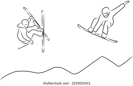 Snowboarder and skier, vector. Snowboarder and skier hand drawn sketch in black on a white background.