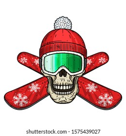 Snowboarder. Skull snowboarder with crossed boards