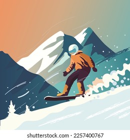 Snowboarder slides down the mountain, winter sports, colorful flat illustration