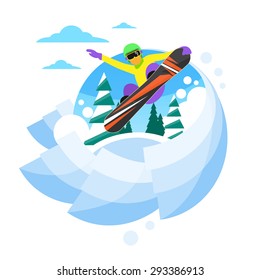 Snowboarder Sliding Down Hill, Man Snowboarding Snow Mountains Slopes Logo Flat Vector Illustration