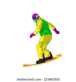 Snowboarder sliding down, man snowboarding, Vector Illustration