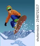 Snowboarder sliding down on snowboard. Winter illustration. Vector illustration.