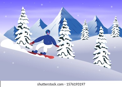 snowboarder sliding from the mountain in winter vector illustration