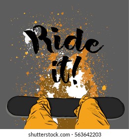 Snowboarder with a snowboard. Grunge background with blots. Vector illustration
