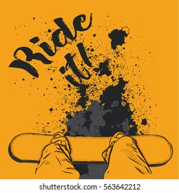 Snowboarder with a snowboard. Grunge background with blots. Vector illustration