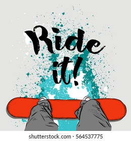 Snowboarder with a snowboard. Grunge background with blots. Vector illustration