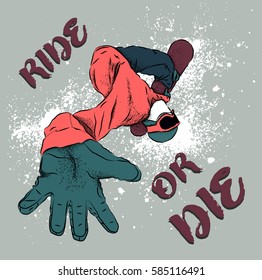 Snowboarder with a snowboard. Grunge background with blots. Vector illustration