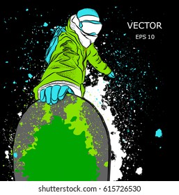 Snowboarder with a snowboard. Grunge background with blots. Vector illustration