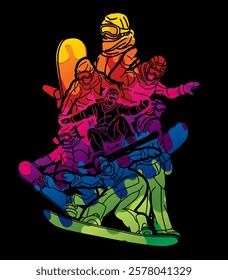 Snowboarder Snowboard Players Mix Action Extreme Sport Cartoon Graphic Vector