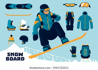 Snowboarder and sporting uniform suit gear item set