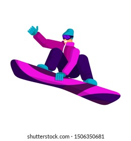 Snowboarder in a sports winter suit makes a snowboard jump from a mountain slope and shows the “Class” gesture with his hand. Flat cartoon style. Isolated object on a white background