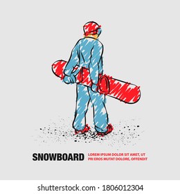 Snowboarder standing with the board in his hands, back view. Vector outline of snowboarding with scribble doodles style drawing.