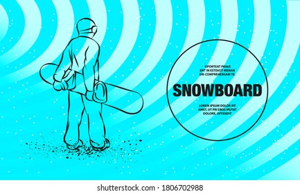 Snowboarder standing with the board in his hands, back view. Vector outline of snowboarding sport illustration.