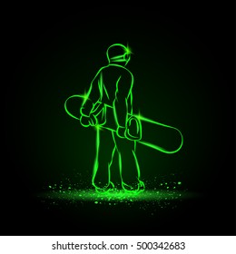 Snowboarder standing with the board, rear view. Green neon winter sports background.