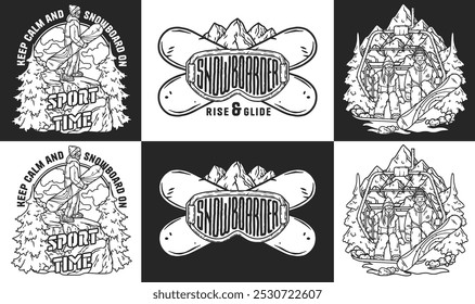 Snowboarder standing on a cliff with snowy mountains in the background and a couple riding a ski lift, forming two monochrome emblems in vintage style