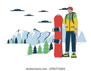 Snowboarder standing on ski resort line cartoon flat illustration. Middle eastern man snowboarding vacation 2D lineart character isolated on white background. Wintersport scene vector color image