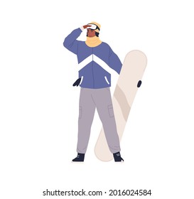 Snowboarder standing with snowboard in hand. Person wearing sporty equipment and holding snow board. Dark-skinned woman in sports winter outfit. Flat vector illustration isolated on white background