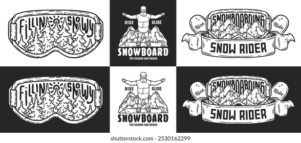 Snowboarder standing with their arms outstretched on a mountain top with a snowboard at their feet, part of a monochrome winter sports emblem set