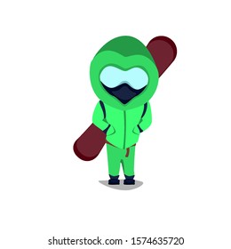 a snowboarder stands and has a board. Green clothes. Hands in pockets. Vector graphics, isolated. 
