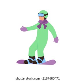 Snowboarder entrenando para aprender a montar aislado en el fondo blanco. Concepto de escuela de snowboard. Ilustración de vectores de arte plano