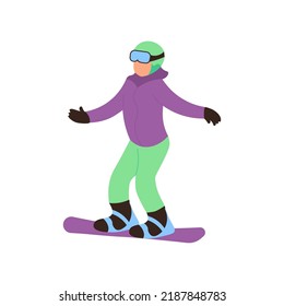 Snowboarder in training to learn to ride isolated on white background. Snowboard school concept. Flat Art Vector Illustration