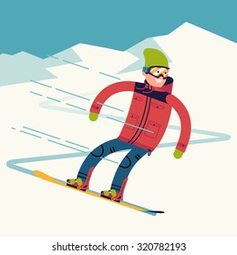 Snowboarder vector character riding on snowy mountain slope | Male winter sportsman snowboarding fast from mountain top in trendy flat design