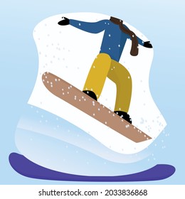 snowboarder. Vector illustration of a man jumping on a snowboard in a fashionable flat style. Snow drifts and snow on the background