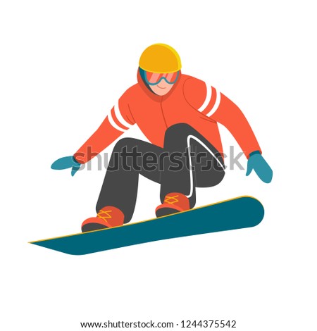 Snowboarder. Vector illustration of a man in red winter jacket, jumping on the snowboard in trendy flat style. Isolated on white.