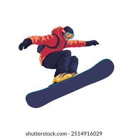 A snowboarder in a vibrant jacket and goggles executes a stylish jump above the snow-covered slope, showcasing skill and excitement in winter sports.