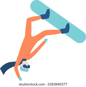 Snowboarder wearing an orange suit, blue boots, gloves, and helmet performing an upside down trick with his snowboard in the air, winter sports and freestyle concept