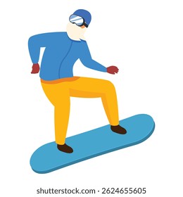Snowboarder wearing warm clothes, helmet, goggles, and gloves, snowboarding down a slope