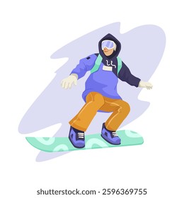 Snowboarder in winter gear gliding on snowboard. Vector illustration