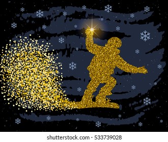 Snowboarder. Winter sports. On a dark background. Golden sparkles texture.