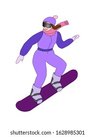 snowboarder woman. Colorful illustration, girl on a board. Elegant outfit. Winter sport.