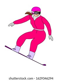 snowboarder woman. Colorful illustration, girl on a board. Elegant outfit. Winter sport.