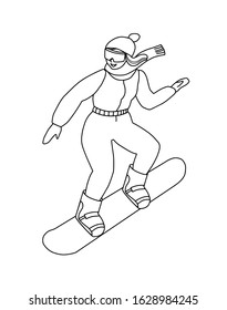 snowboarder woman rolls on a board on a slope. Winter sport. Girl on snowboard. Illustration, black and white.