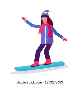 Snowboarder woman sliding down winter sport activities lady wearing goggles female carton character sportswoman snowboarding full length flat isolated vector illustration